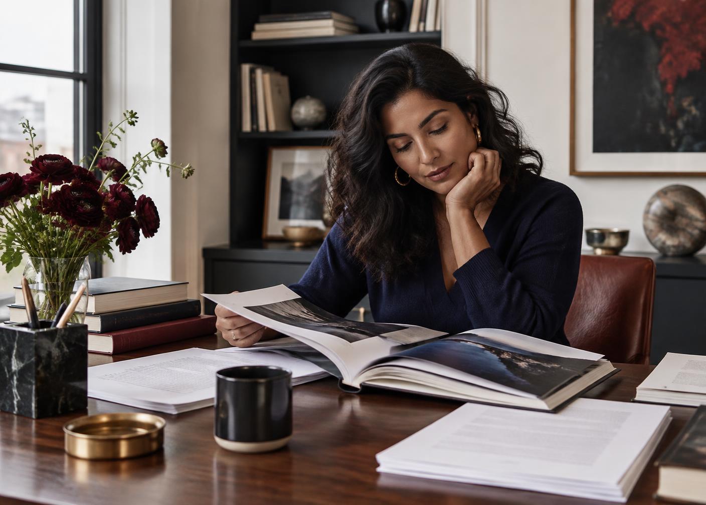 Author reviewing a book and manuscript in a refined studio